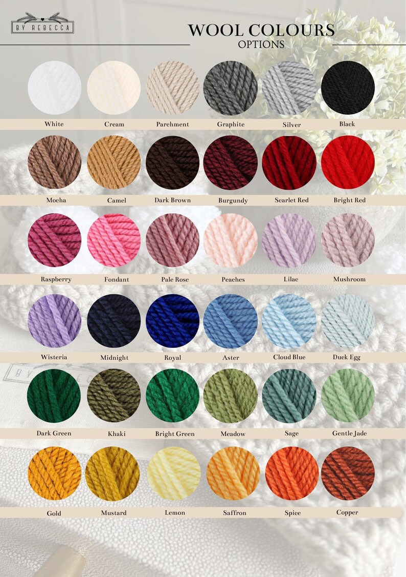 May include: A color chart of wool yarn options, featuring a variety of shades. The chart includes colors like white, cream, black, red, blue, green, and yellow. The text "WOOL COLOURS OPTIONS" is at the top.