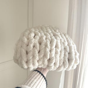 May include: A large, off-white, cloud-shaped decorative pillow. The pillow is made of thick, chunky knit yarn, creating a textured surface. The pillow is held up by a person wearing a black and white striped sweater.