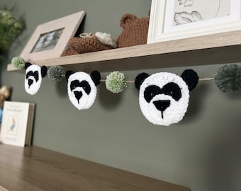 Panda Themed Bunting - Crochet Garland - Panda Decorations - Nursery Decor - Shelf Styling - Cot Decorations - Forest Nursery - Neutral