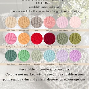 May include: A color chart displays wool yarn options, including Vanilla Cream, Rose Red, and Seafoam Blue. The text indicates the colors are available for booties and hats, with some options for pom-poms and trim.