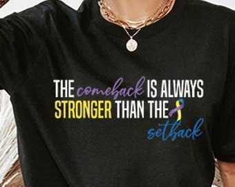 Bladder Cancer Shirt, Comeback is Always Stronger Than Setback,Marigold Yellow Blue Purple Ribbon Awareness Bladder Cancer Survivor Gift May