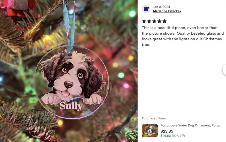 a dog ornament hanging from a christmas tree