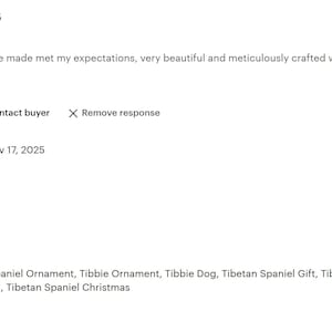 The image is a screenshot of a review page featuring a rating and comments about a Tibetan Spaniel Ornament. The review is from Nov 10, 2015, and the rating is 5 stars. The comments include a response from Amy, a translation to English, and a description of the Tibetan Spaniel Ornament, Tibbie Ornament, Tibbie Dog, Tibble Gif, Tibbie Mama, and Tibbie Dad.