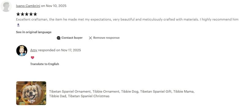 The image is a screenshot of a review page featuring a rating and comments about a Tibetan Spaniel Ornament. The review is from Nov 10, 2015, and the rating is 5 stars. The comments include a response from Amy, a translation to English, and a description of the Tibetan Spaniel Ornament, Tibbie Ornament, Tibbie Dog, Tibble Gif, Tibbie Mama, and Tibbie Dad.