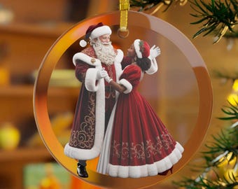 Interracial Couple Ornament, White Santa & Black Mrs Claus