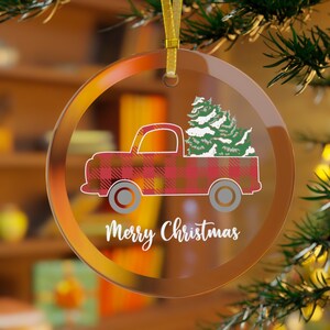 Truck Christmas Ornament, Gift Pick-Up Truck Carrying Christmas Tree, Red Buffalo Plaid Christmas Ornament Glass, Truck Driver Ornament