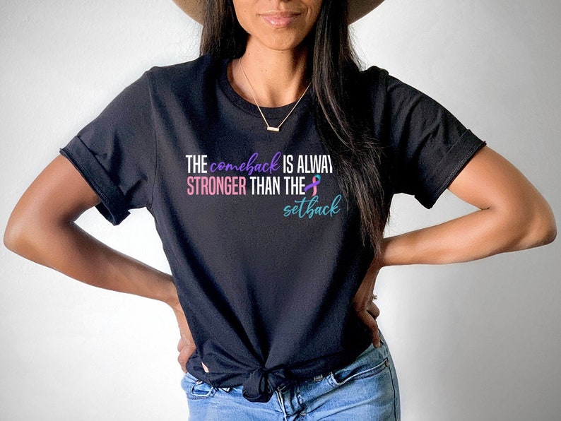 Thyroid Cancer Shirt Women,The Comeback is Always Stronger Than The Setback,Purple Teal & Pink Ribbon Awareness Thyroid Cancer Survivor Gift image 1