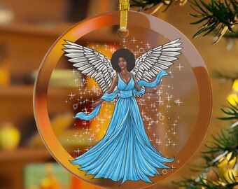 Black Angel Christmas Ornament, Afro Woman Blue Dress, Religious Gift