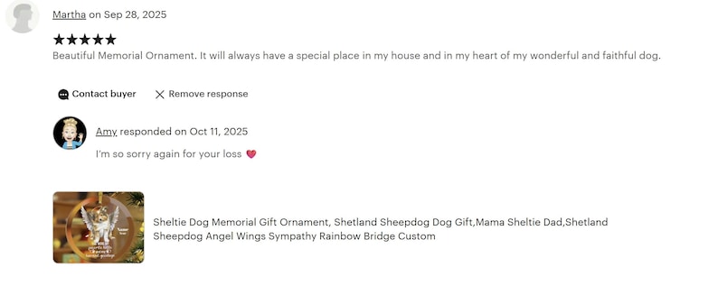 a screenshot of a social media post with a review and a caption. The review is from a user named Amy, who rated the "SheLTie Dog Memorial Gift Ornament" with a 5-star rating. The caption expresses the user's sadness and offers a heartfelt response. The image is a collage of several photos, including a photo of a memorial ornament and a photo of a memorial angel wings.