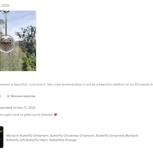 The image is a collage of two images. The first image is a close-up of a butterfly ornament hanging from a string, and the second image is a close-up of a butterfly ornament hanging from a string.