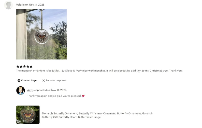 The image is a collage of two images. The first image is a close-up of a butterfly ornament hanging from a string, and the second image is a close-up of a butterfly ornament hanging from a string.