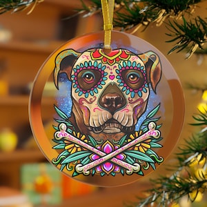 Pitbull Dog Ornament, Pitbull Gifts, Pitbull Christmas Ornament Glass, Pitbull Mama, Pitbull Dad, Day of the Dead Ornament Sugar Skull