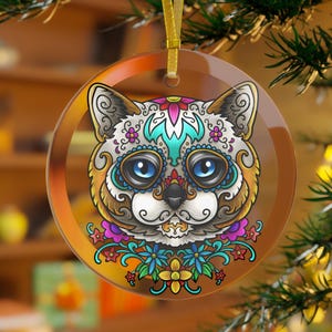Adorno de gato, Regalos para gatos, Adorno navideño de gato de cristal, Mamá gata, Papá gato, Adorno del Día de Muertos Calavera de azúcar Gatito mexicano