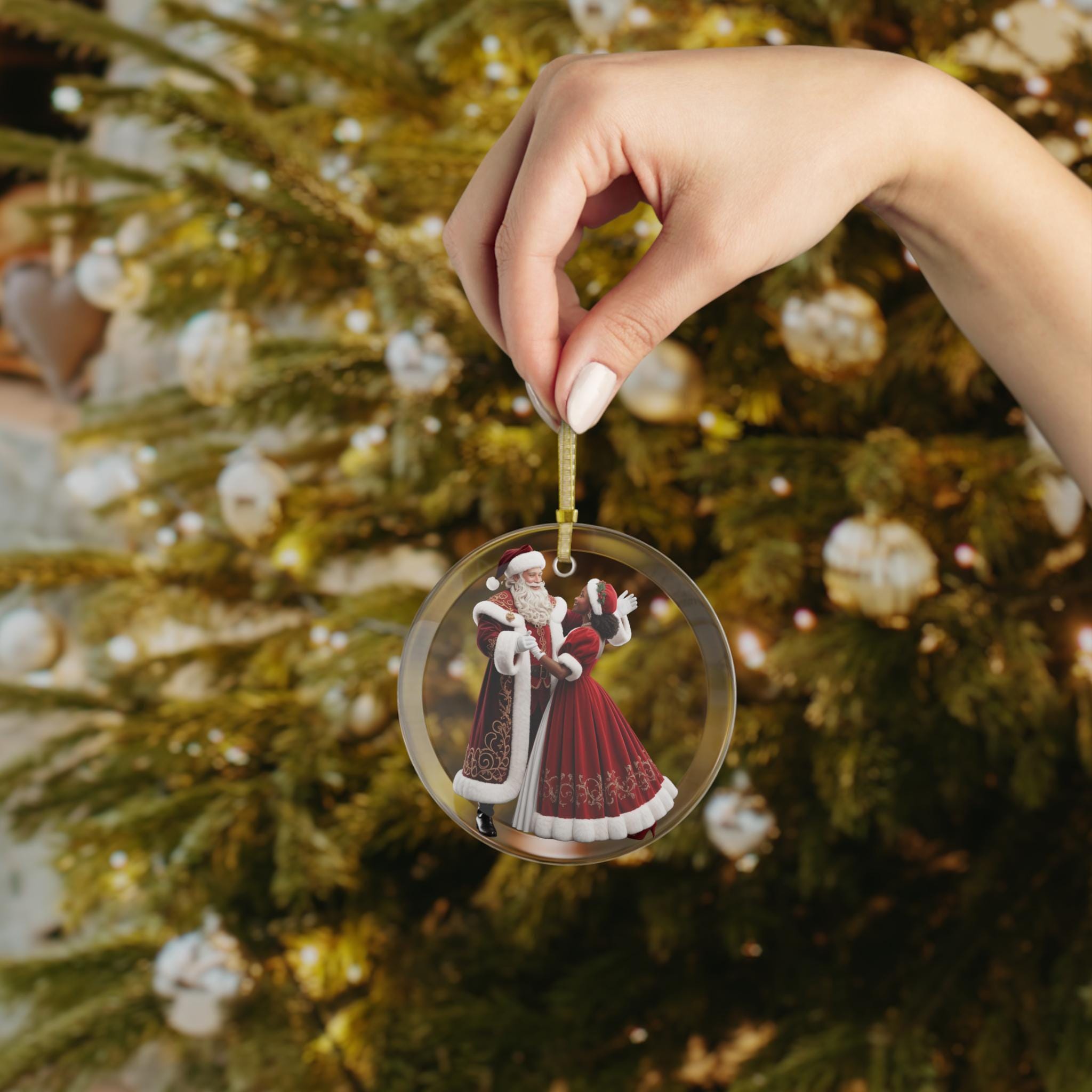 Interracial Couple Ornament, White Santa & Black Mrs Claus