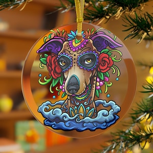 Greyhound Dog Ornament, Greyhound Gifts, Greyhound Christmas Ornament Glass,Greyhound Mama,Day of the Dead Ornament Sugar Skull Mexican