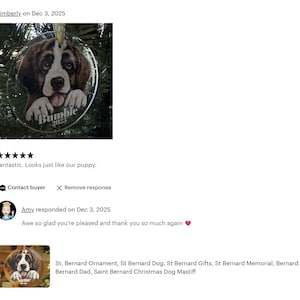 The image is a screenshot of a social media post featuring a picture of a Saint Bernard dog, with a rating of 5 stars and a comment from Amy responding to the post.