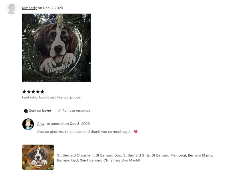 The image is a screenshot of a social media post featuring a picture of a Saint Bernard dog, with a rating of 5 stars and a comment from Amy responding to the post.