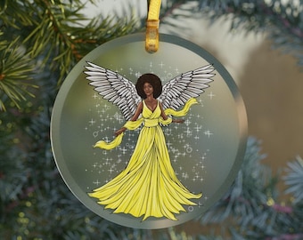 Black Angel Christmas Glass Ornament, African American Angel, Yellow Dress
