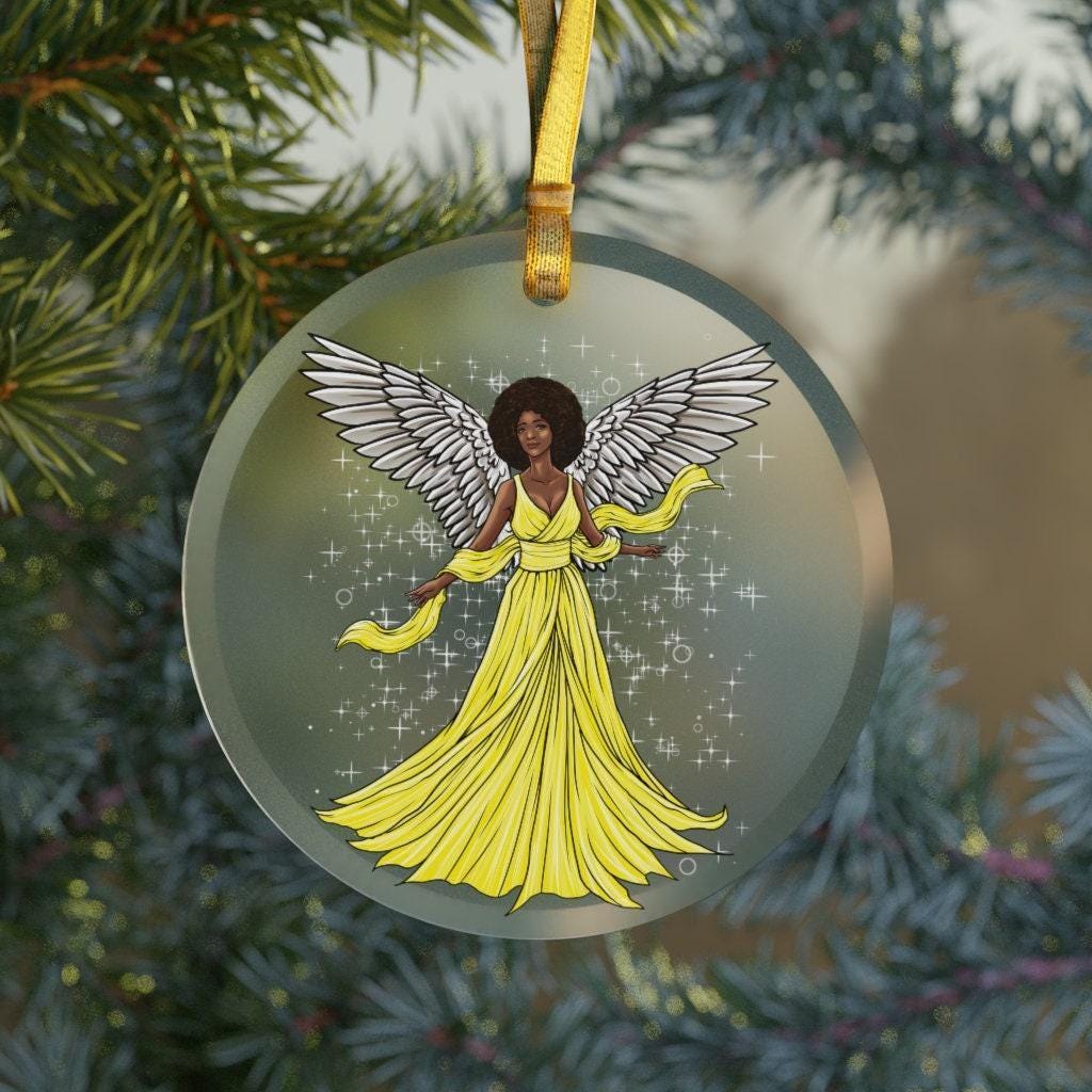 purple dressed black angel christmas light Glass Ornament, African American Angel, Yellow Dress fiber optic angel tree topper