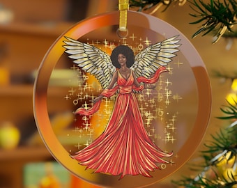 Black Angel Christmas Ornament, Afro Woman in Red, Gold Ribbon