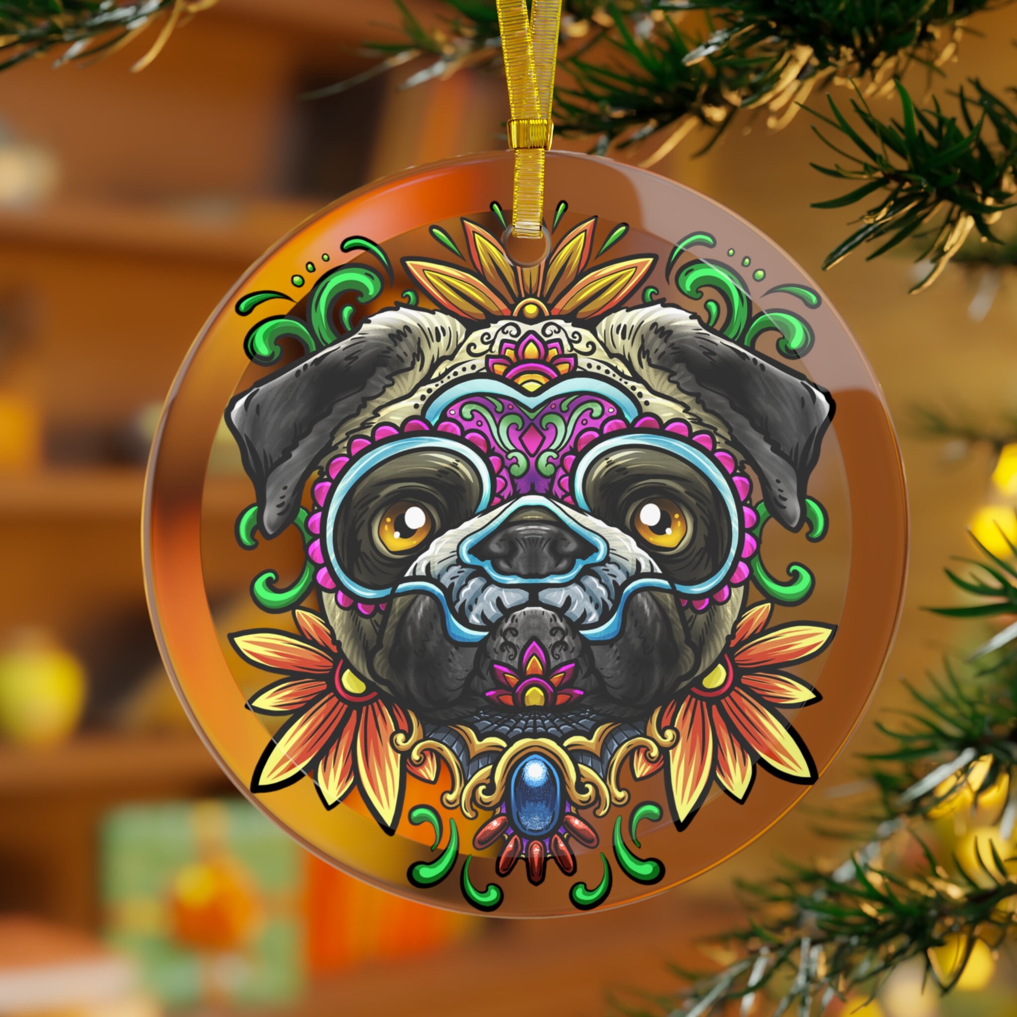 Pug Ornament Pug Gifts Pug Christmas Pug Mama Pug Dad Pug Dog Decor Pug Day of the Dead Ornament Sugar Skull Floral Mexican Etsy