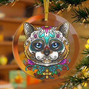 Cat Ornament, Cat Gifts, Cat Christmas Ornament Glass, Cat Mama, Cat Dad, Day of the Dead Ornament Sugar Skull Mexican Kitty Cat