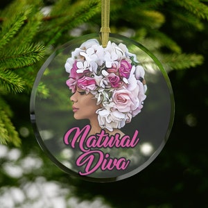 Natural Diva Ornament, Black Girl Christmas Ornament Glass, Gifts for Black Women, Floral Afro Woman, Black Girl Holiday, Flower Afro Hair