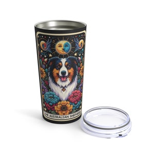 Vaso de pastor australiano, taza de viaje de acero inoxidable de 20 oz, café, tapa de vaso de tarjeta de tarot de pastor australiano, regalo de pastor australiano