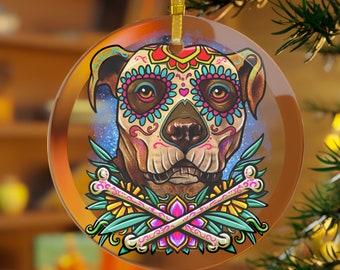 Pitbull Dog Ornament, Pitbull Gifts, Pitbull Christmas Ornament Glass, Pitbull Mama, Pitbull Dad, Day of the Dead Ornament Sugar Skull