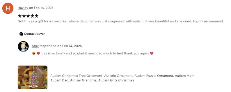 The image is a screenshot of a social media post featuring a review of a gift for a co-worker with a daughter who has been Diagnosed with Autism. The review is written by a contact buyer, Amy, who responds to the gift on February 14, 2015. The review expresses gratitude for the thoughtful gift and mentions that it meant a lot to her. The image also includes a description of an Autism Christmas Tree Ornament, Autism Puzzle Ornament, Autism Mom, Autism Grandma, and Autism Gifts Christmas.