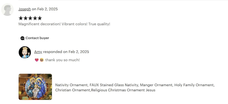 a screenshot of a social media post featuring a Christmas ornament, with a rating and comments from users.