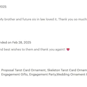 a screenshot of a social media post with a rating of 4 stars, a comment from a contact buyer, and a response from a user named Amy on February 28, 2025. The post appears to be a review or comment about a collection of tarot card ornaments, including a proposal tarot card ornament, skeleton tarot card ornament, engagement ornament, engagement gifts, and a wedding ornament couples.