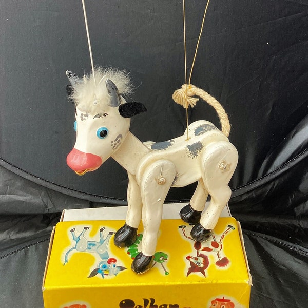 RARE Pelham Puppet White Bull Marionette in unnamed yellow Box