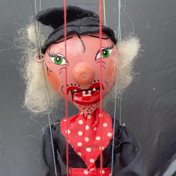 Pelham Puppets Witch Moving Mouth with Broom that sweeps in unnamed box