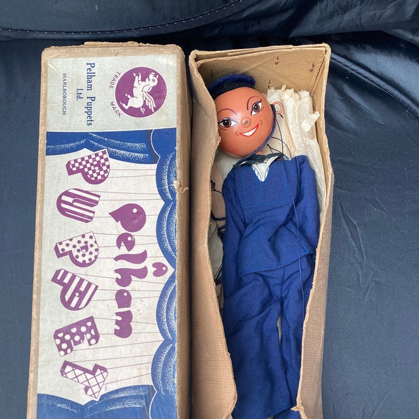 Vintage Pelham Puppet Sailor Boy Marionette Blue Sailor Suit LS type in named Box