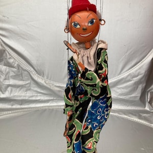 VROEGE ZELDZAME Pelham Puppet Clown Grey Hair Very Cute String Puppet in kartonnen doos