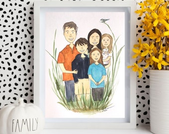 Custom Family Portrait watercolor | REAL physical hand painted illustration family art, portrait with pets, anniversary, family reunion