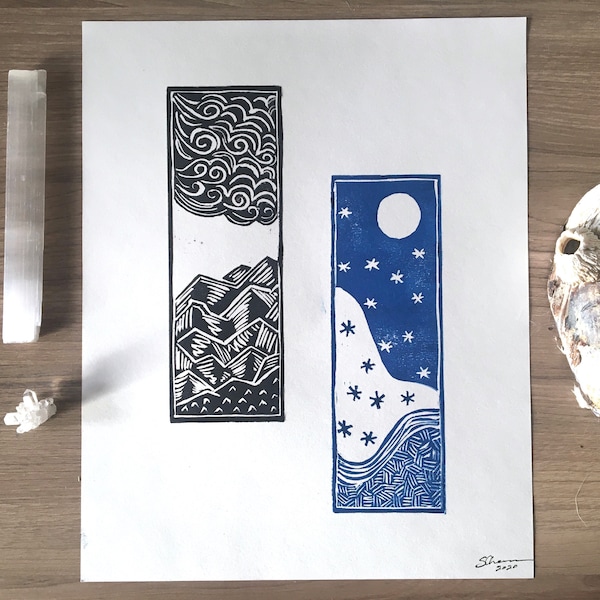Winter Diptych Linocut Print | original  hand carved design 8x10 paper, nature lovers art, black and blue outdoor mountain snow wall decor