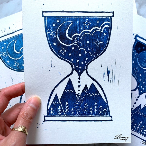 Dream Time - dark blue linocut print, witchy nighttime wall art, hand-carved mountains illustration, original artwork, mystic moon magick