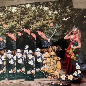 Impression d'art collage déesse de la nature, faune surréaliste champignons oiseaux fleurs sauvages jardinage fée de la forêt cottagecore, décoration intérieure, carte 5 x 7