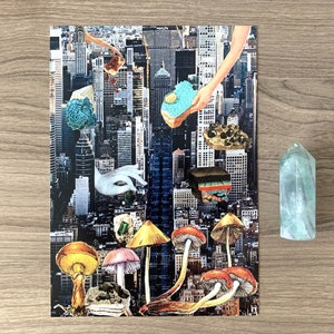 Impression d'art collage Nature's City, esthétique lo-fi, collection surréaliste de roches, champignons guide de terrain urbain, décoration de guérison par les cristaux, carte 5 x 7