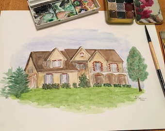 Watercolor House Portrait, hand painted illustration | physical original art, custom realtor gift, anniversary, first home, housewarming