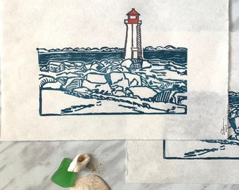 Peggy's Cove lighthouse handmade linocut, Nova Scotia original art print, coastal ocean seaside print, blue white red ink on mulberry paper