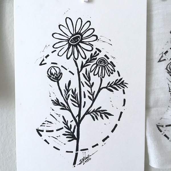 Chamomile Moon linocut print, botanical illustration, 5x7" original artwork, flowers wall art, herbal remedy green witch tapestry