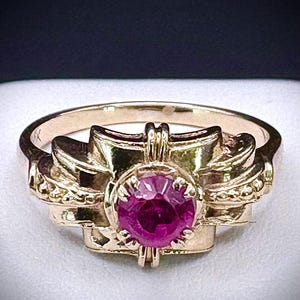 Antique Art Deco 10K Gold Ring with Lab Ruby.
