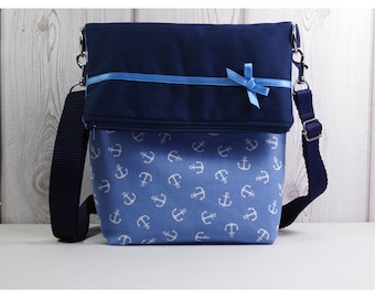 Anker - blaue Foldover, maritime blaue Umhängetasche, Handtasche mit Schleife, Cross Bag mit Anker, Abendtasche 50s, Konzerttasche Miss ICED