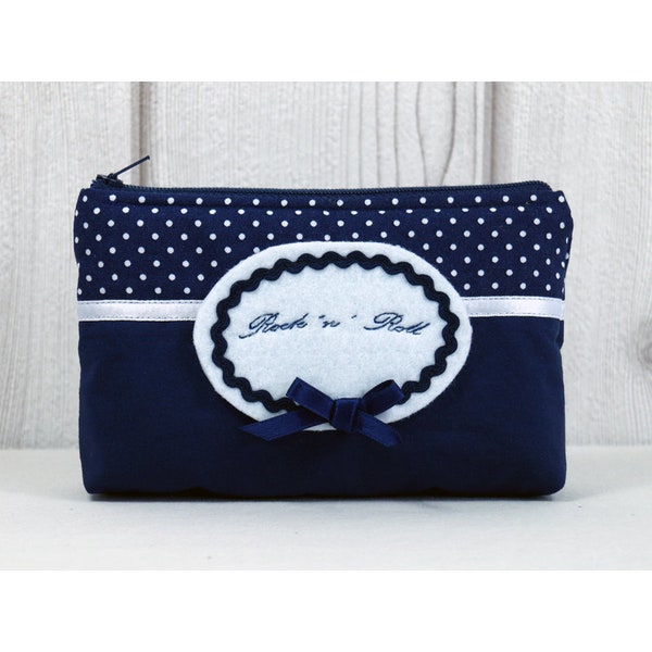 RocknRoll - blaue geteilte Mini-Kosmetiktasche Punkte, kleine Make-Up Tasche 50er Stil, Schmucktasche Stofftasche Geschenkidee Freundin