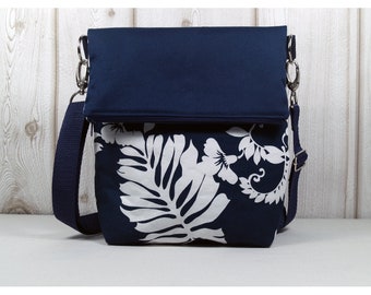 Hibiskus - Fold Over Urban Jungle Style, dunkelblaue Umhängetasche, Handtasche Cross Bag Dschungel, Abendtasche Konzerttasche Miss ICED