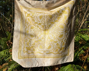 BOTANICAL GOLD BANDANA or altar cloth, screen printed bandana, botanical tapestry, plant-dyed bandana, cotton bandana, hair scarf