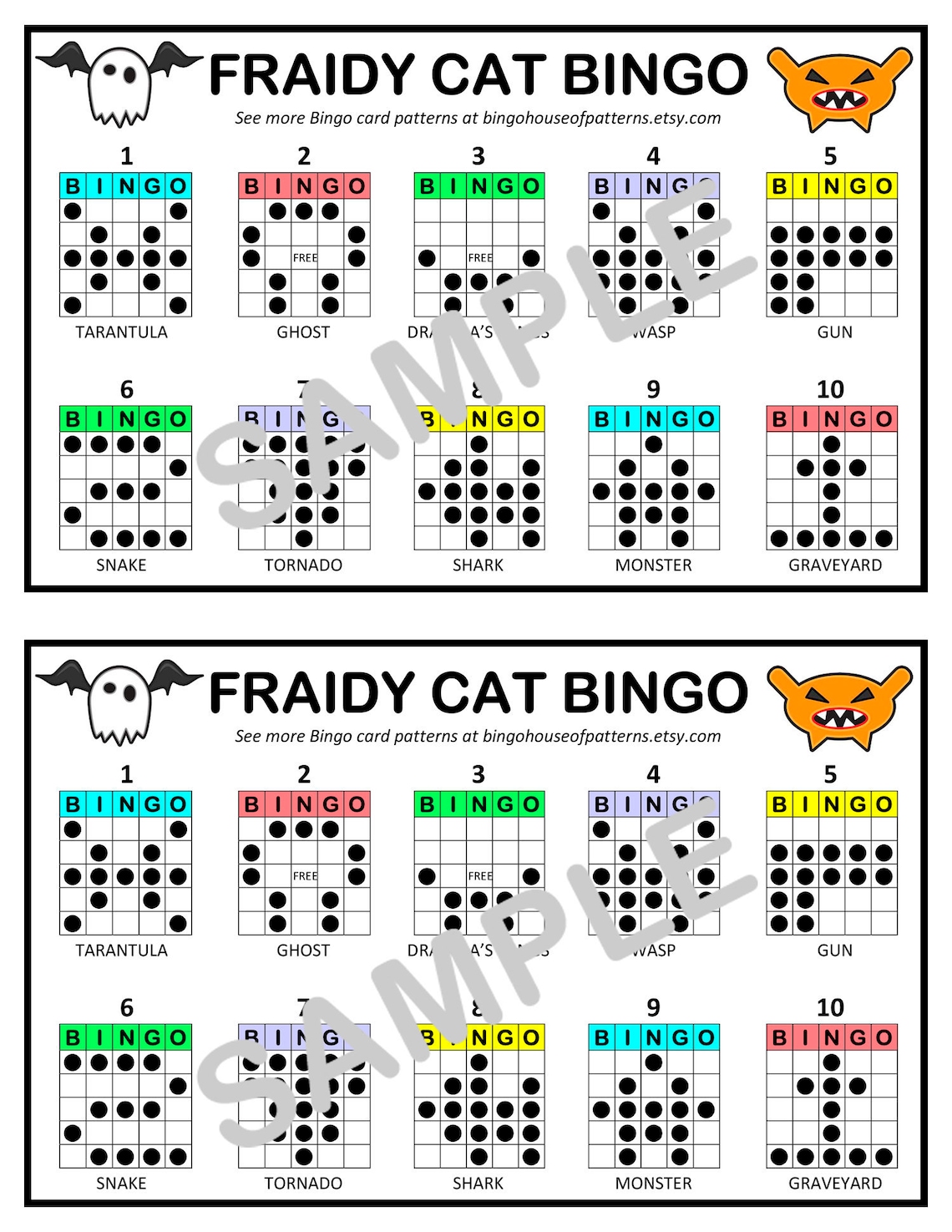 Fraidy Cat BINGO Card Patterns for Really Fun BINGO Games Etsy